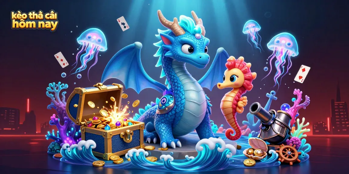 Engage with kèo nhà cái hôm nay through dynamic underwater casino scene featuring an azure water dragon and a coral-armored seahorse.