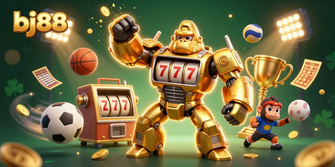 Engage in thrilling game action at bj88 with dynamic visuals of a golden gorilla mech and sports elements.