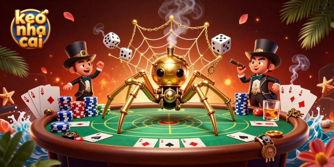 Engage in keo nha cai with a steampunk scene showcasing a golden spider and poker elements.
