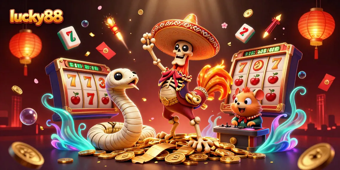 Experience big wins with lucky88 as vibrant characters celebrate a jackpot party on a dazzling casino scene.