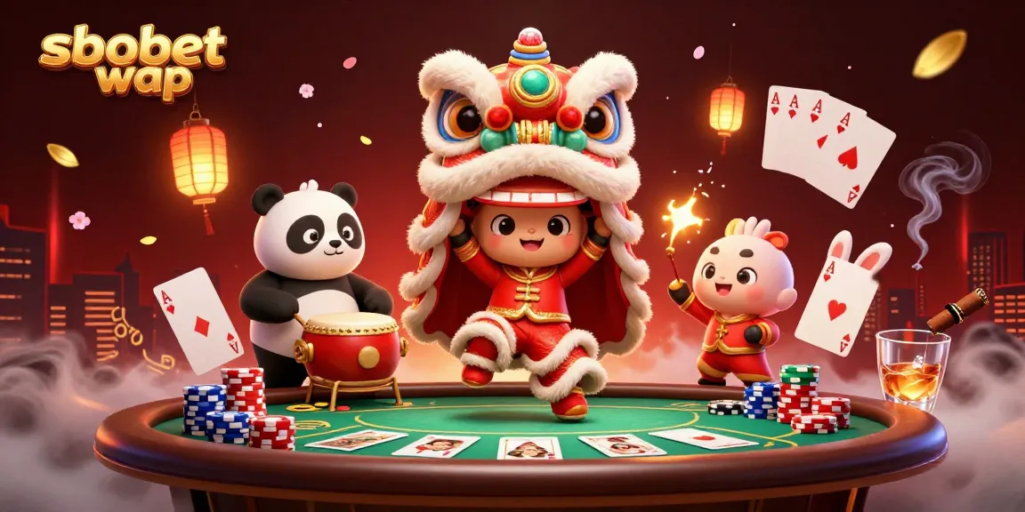Experience the vibrant sbobet wap gaming scene with detailed lion dance, poker elements, and engaging characters.
