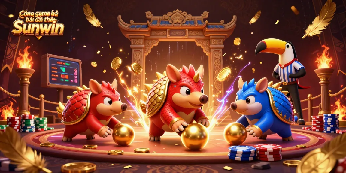 Cổng game bài đổi thưởng Sunwin features dynamic pangolin characters amidst gold coins and poker chips creating a vibrant casino scene.