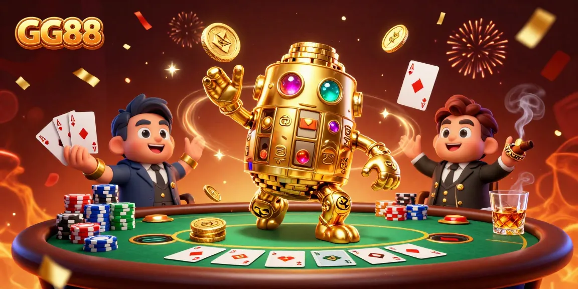 Win big with GG88 featuring a golden golem surrounded by poker elements in a vibrant casino scene.