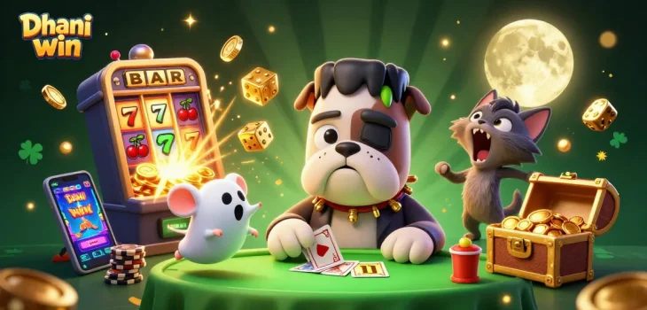 Dhani win characters engaging in a thrilling card game, experiencing excitement around a vibrant slot machine and winnings.