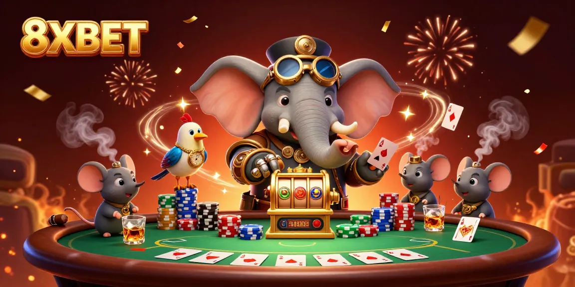 Engage with 8XBET's thrilling gaming world, featuring vibrant slot machines and poker tables.