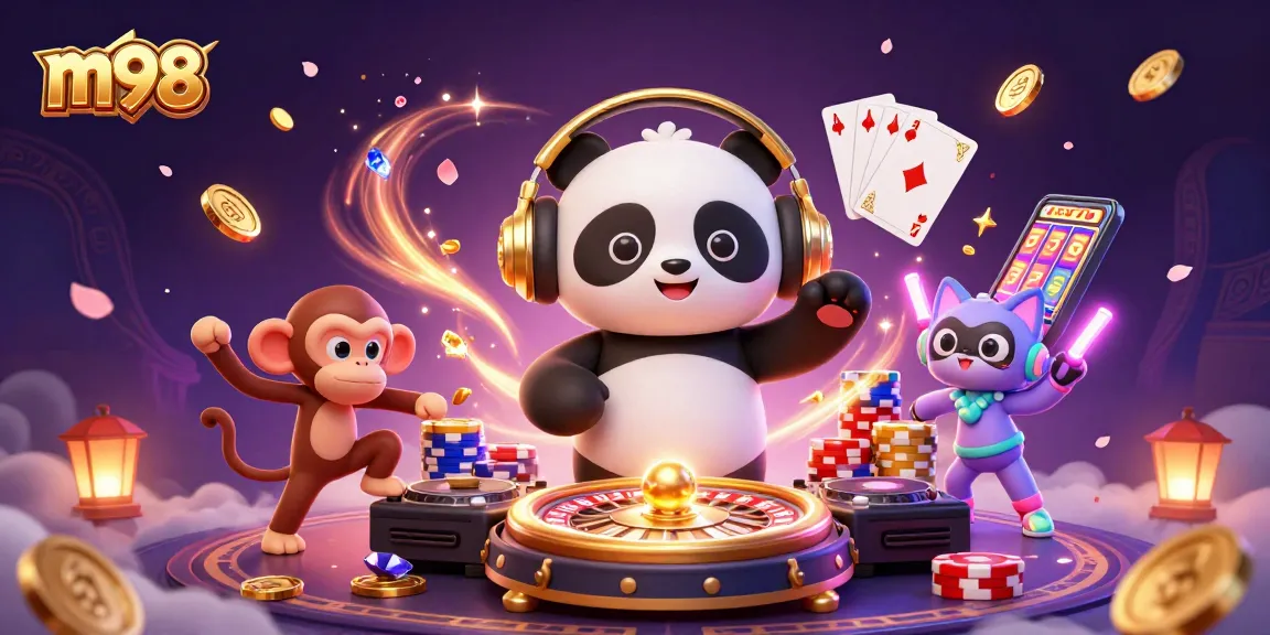 Experience thrilling m98 gaming with a DJ panda surrounded by vibrant casino elements and lively characters.