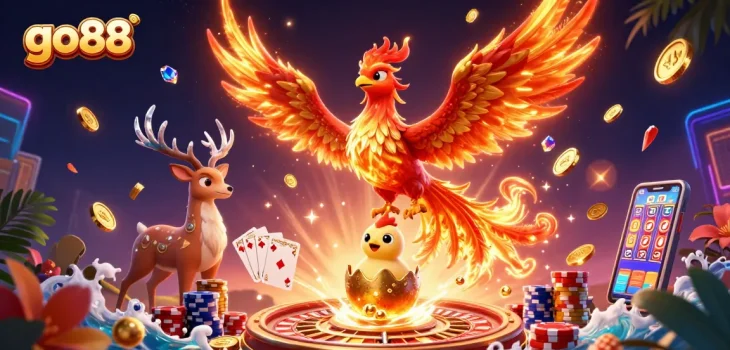 Experience the thrill of gambling at Go88 with captivating 3D casino visuals featuring golden coins and vibrant slots.