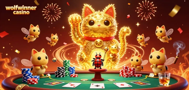 Experience winning thrills at wolfwinner casino with a dynamic illustration of a waving lucky cat.