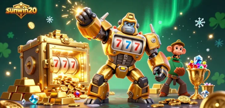 Experience the thrill of gaming with sunwin20's golden gorilla mech smashing through coins and treasures.