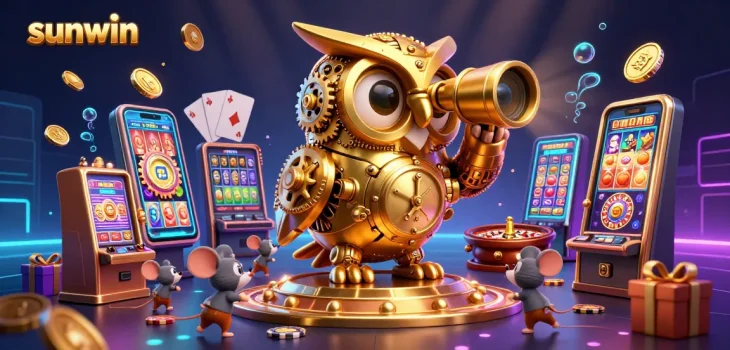 Experience excitement at Sunwin's dynamic casino scene with a golden owl and vibrant gaming elements.