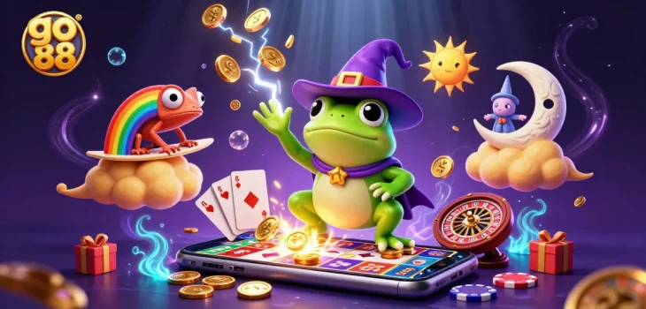 Experience thrilling gameplay with go 88, featuring a wizard frog, money storm, and vibrant casino elements.